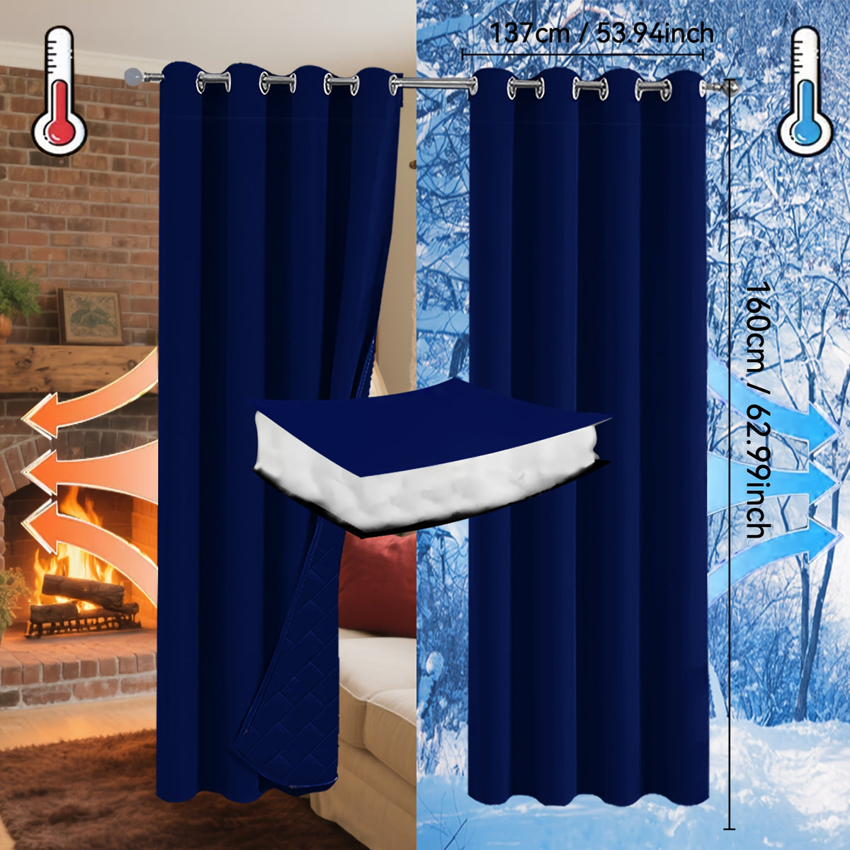 Rideaux occultants thermiques épais à œillets isolants (2 panneaux), bleu