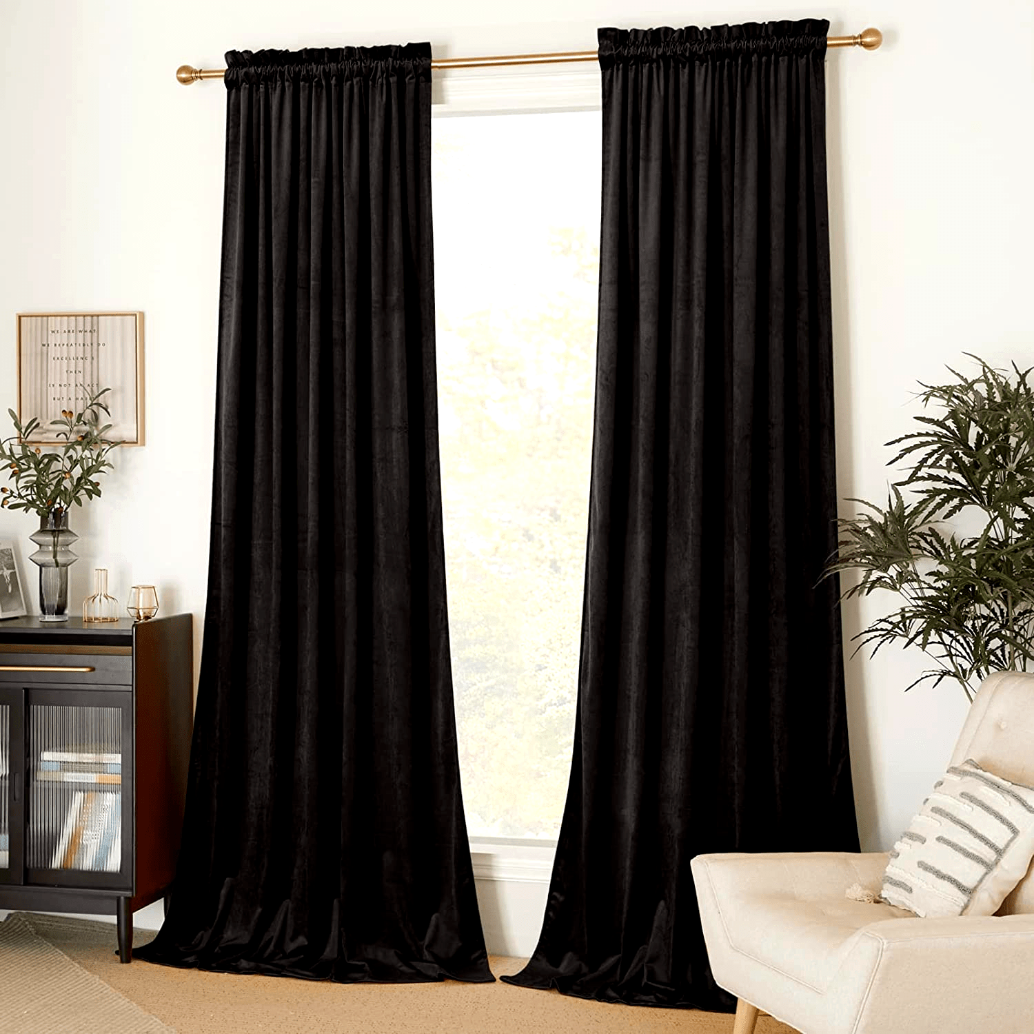 Rideau occultant en velours noir 100 % polyester pour chambre