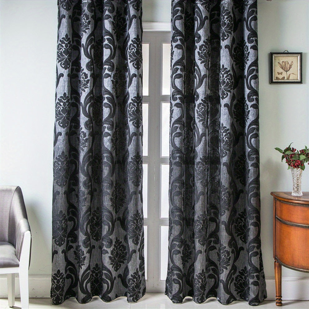 Rideaux occultants jacquard fleuris rétro à œillets (2 panneaux), noir