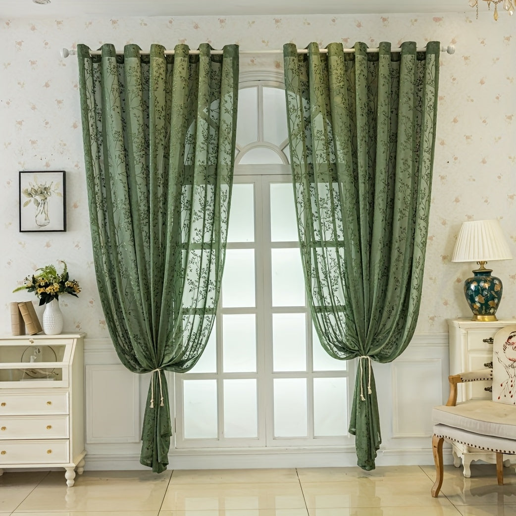 Rideau voilage vert brodé feuillage à œillets pour salon et chambre