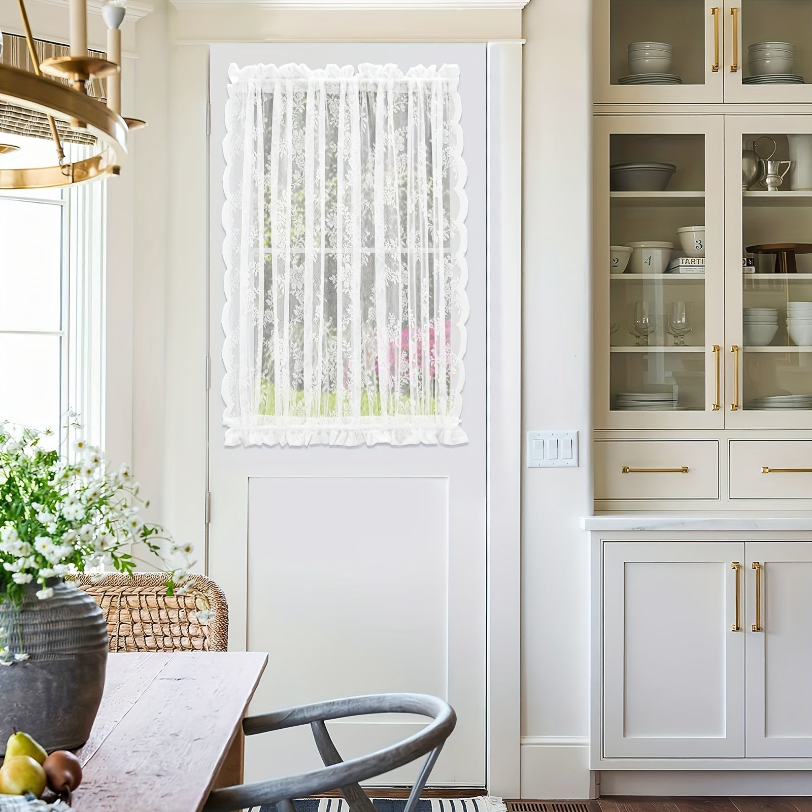 Rideau porte fenêtre en dentelle blanche semi-opaque à double passe-tringle