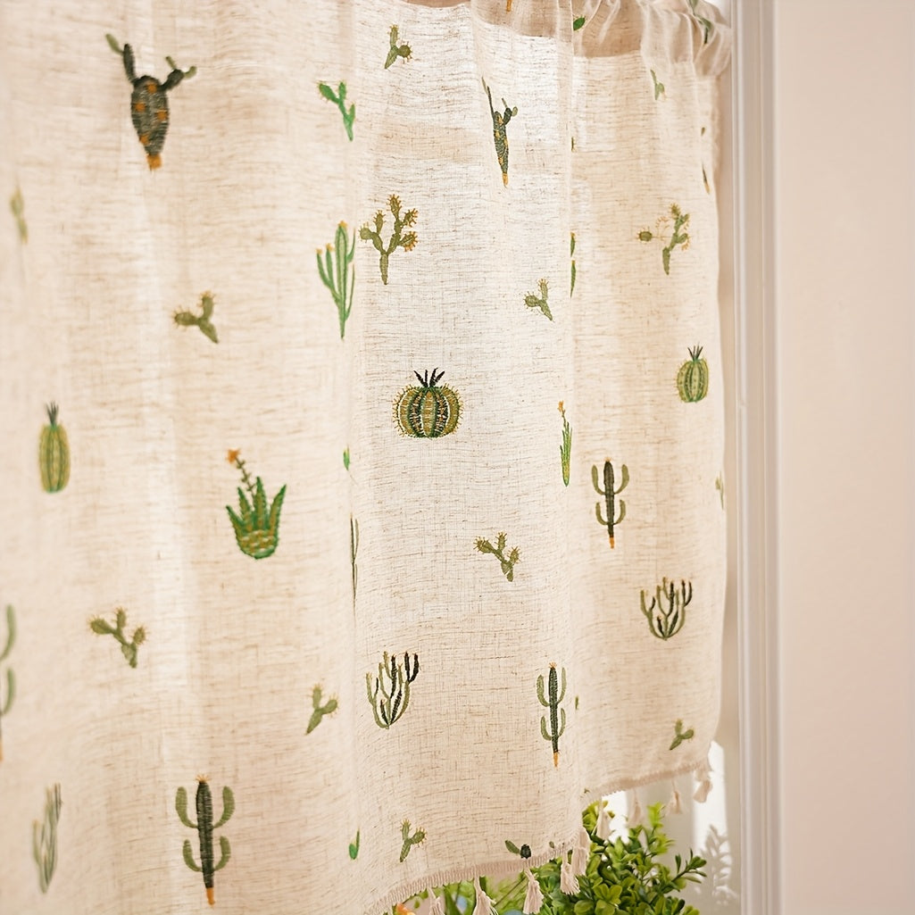 Rideau café brodé cactus en polyester style campagne pour petite fenêtre
