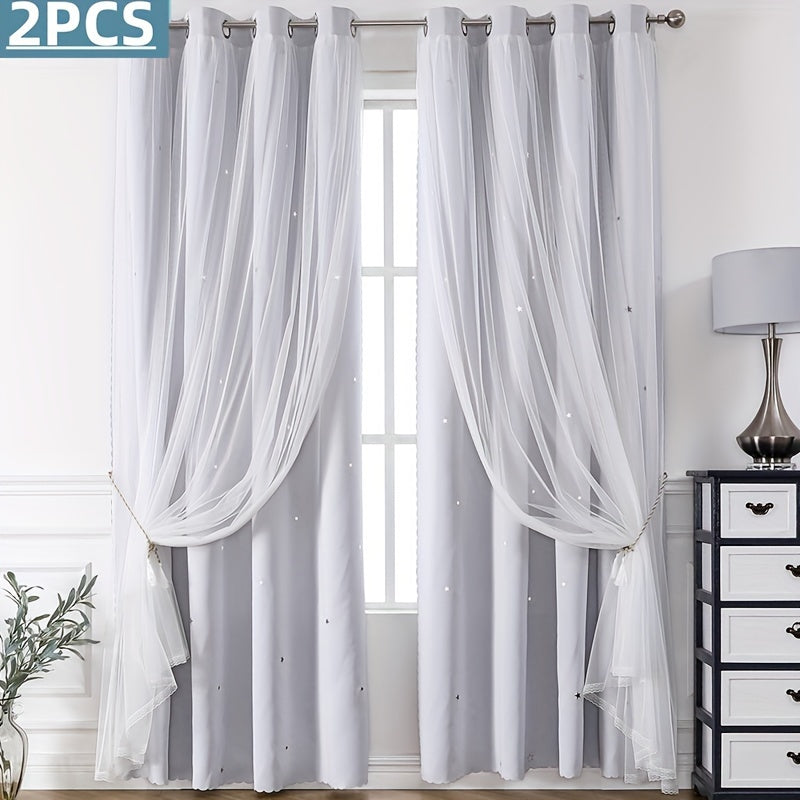 Rideaux occultants double couche avec voile étoilé en polyester pour chambre et salon