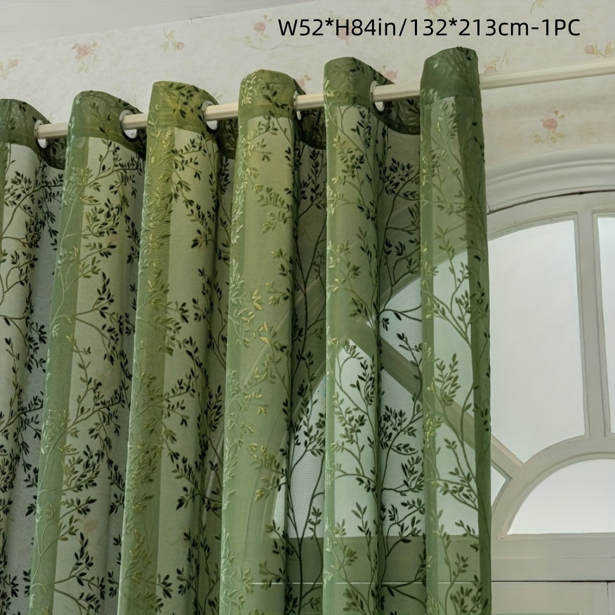 Rideau voilage vert brodé feuillage à œillets pour salon et chambre