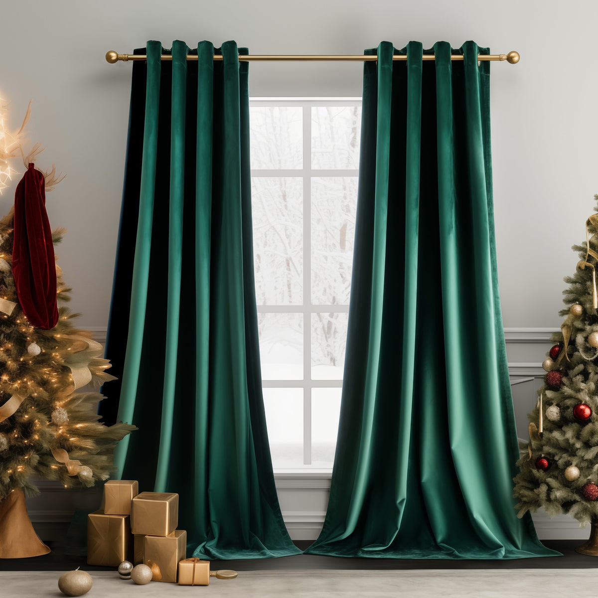 Rideaux velours tamisants à œillets style français (2 panneaux), vert