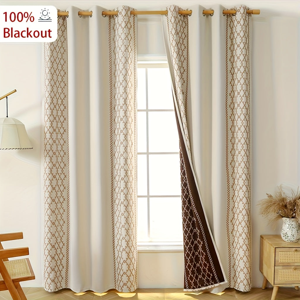 Rideaux occultants brodés beige en polyester style bohème (2 panneaux)