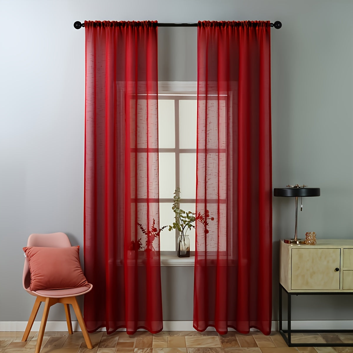 Rideaux voilage rouges tamisants en polyester pour salon et chambre (2 panneaux)