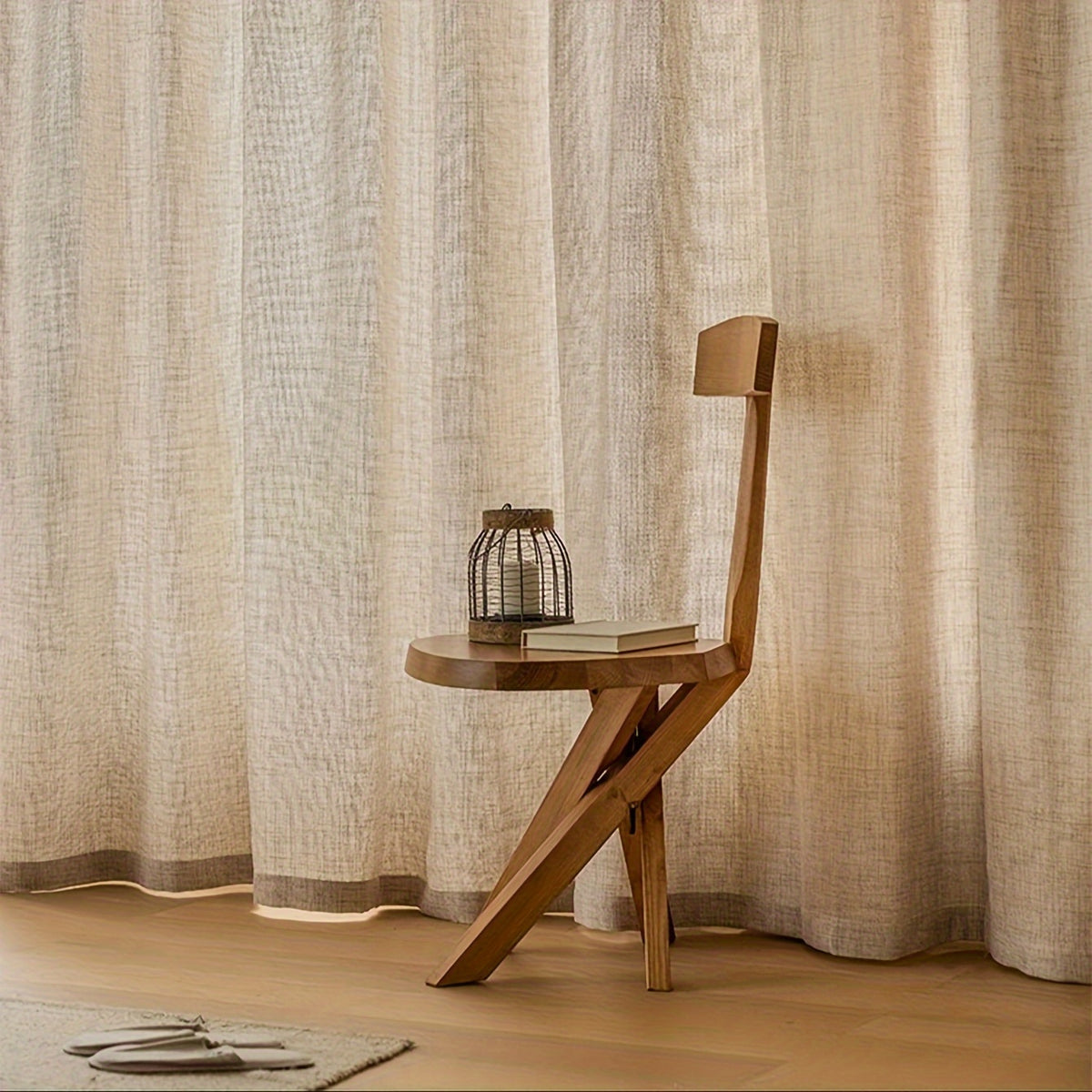 Rideau voilage lin mélangé beige à œillets style farmhouse (1 panneau), hauteur 200 à 239 cm Image
