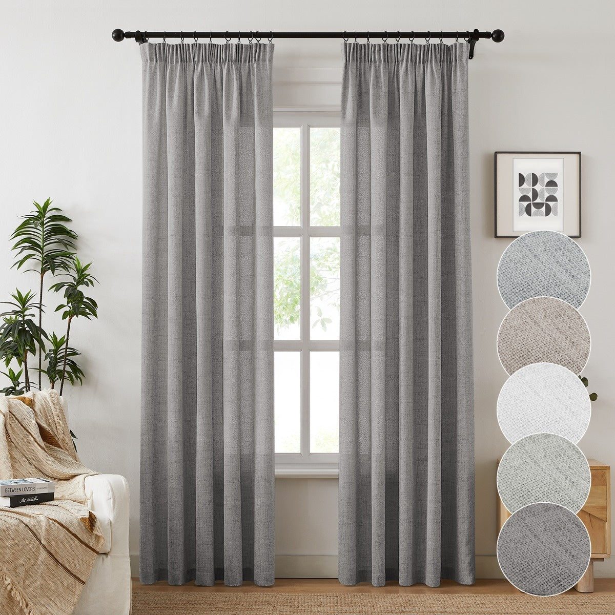 Rideaux semi-transparents effet lin texturé style farmhouse (2 panneaux)