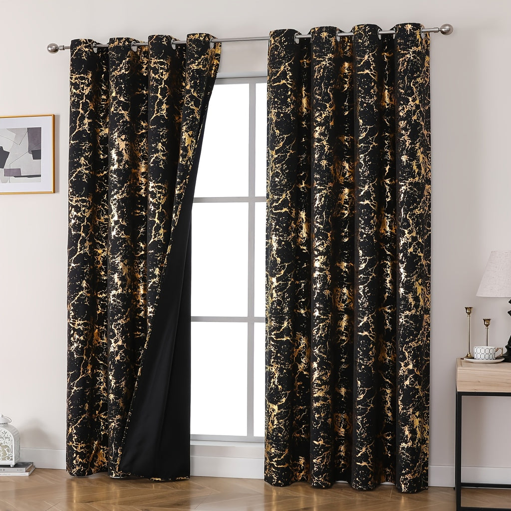 Rideaux occultants thermiques effet marbre doré en polyester (2 pannea, noir & doré
