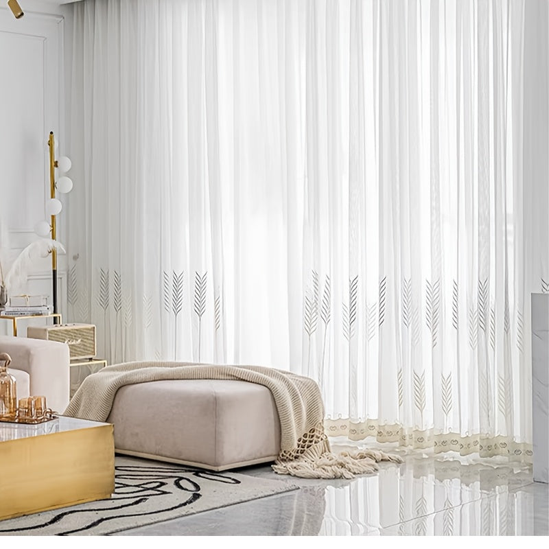 Rideaux voilage blanc motif épis gris et beige style scandinave (2 pan, hauteur 240 à 269 cm Image