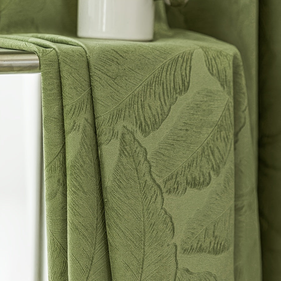 Rideaux occultants velours vert motif feuille pour salon (2 panneaux)