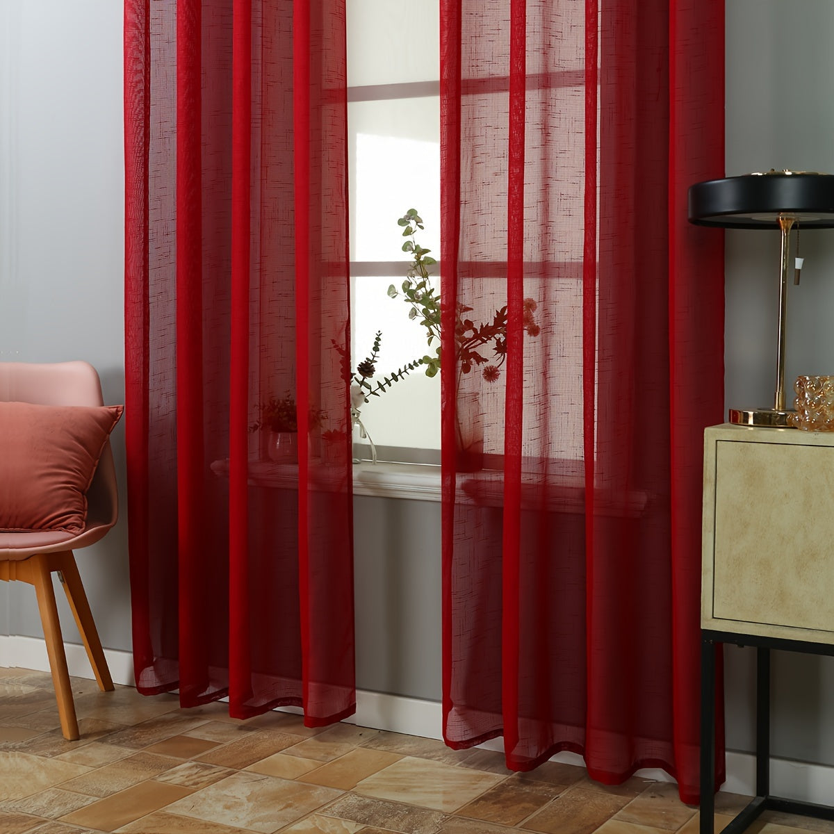 Rideaux voilage rouges tamisants en polyester pour salon et chambre (2 panneaux)