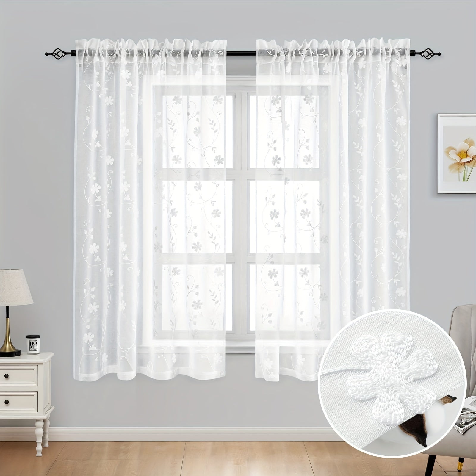Rideaux voilage brodés fleurs semi-transparents pour salon et chambre (2 panneaux)