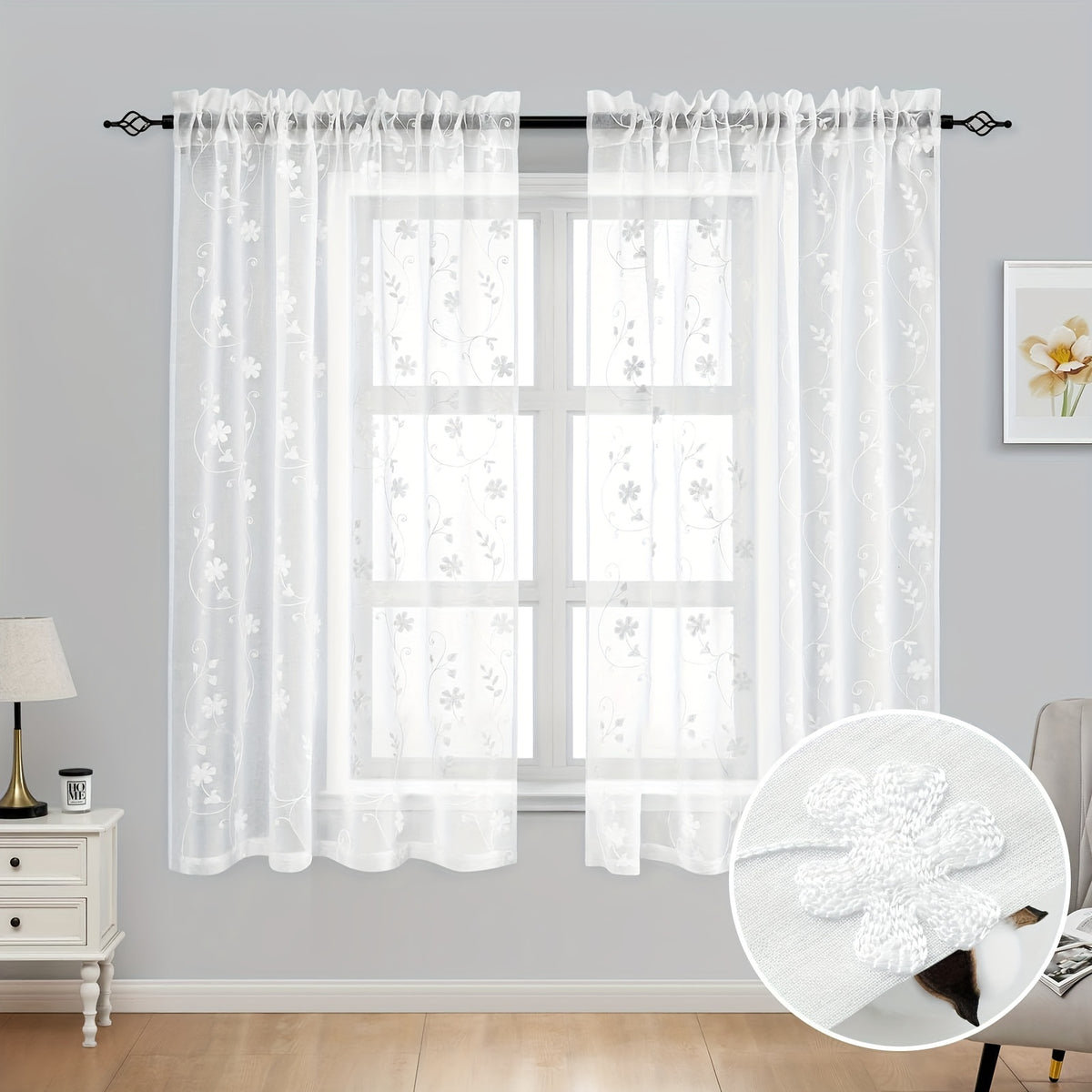 Rideaux voilage brodés fleurs semi-transparents, blanc Image