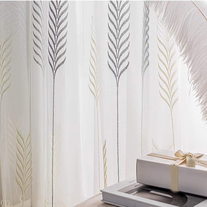 Rideaux voilage blanc motif épis gris et beige style scandinave (2 pan, hauteur 200 à 239 cm