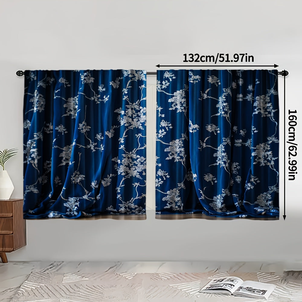 Rideaux tamisants bleu nuit à motifs floraux en polyester (2 panneaux)