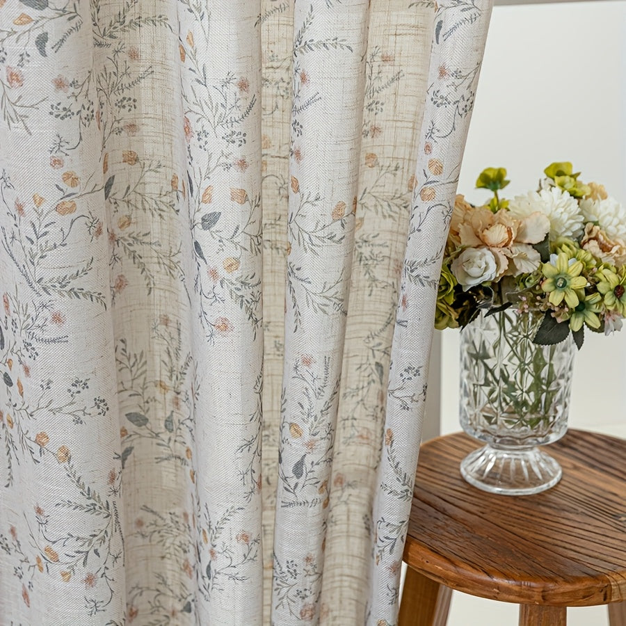 Rideau voilage fleuri style campagne chic avec pompons beige, hauteur moins de 160 cm