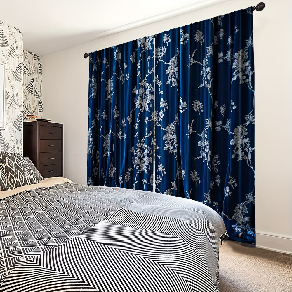 Rideaux tamisants bleu nuit à motifs floraux en polyester (2 panneaux)