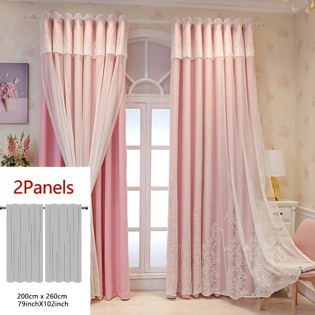 Rideaux occultants double épaisseur avec dentelle brodée romantique (2, rose