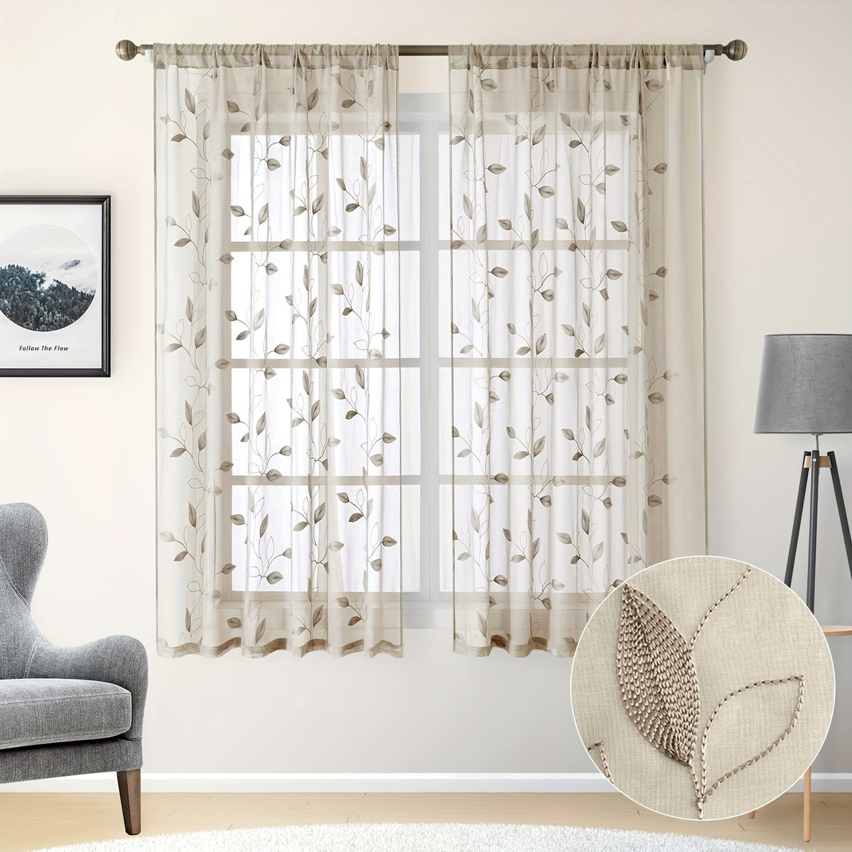 Rideaux voilage brodés motif feuilles style jardin, taupe