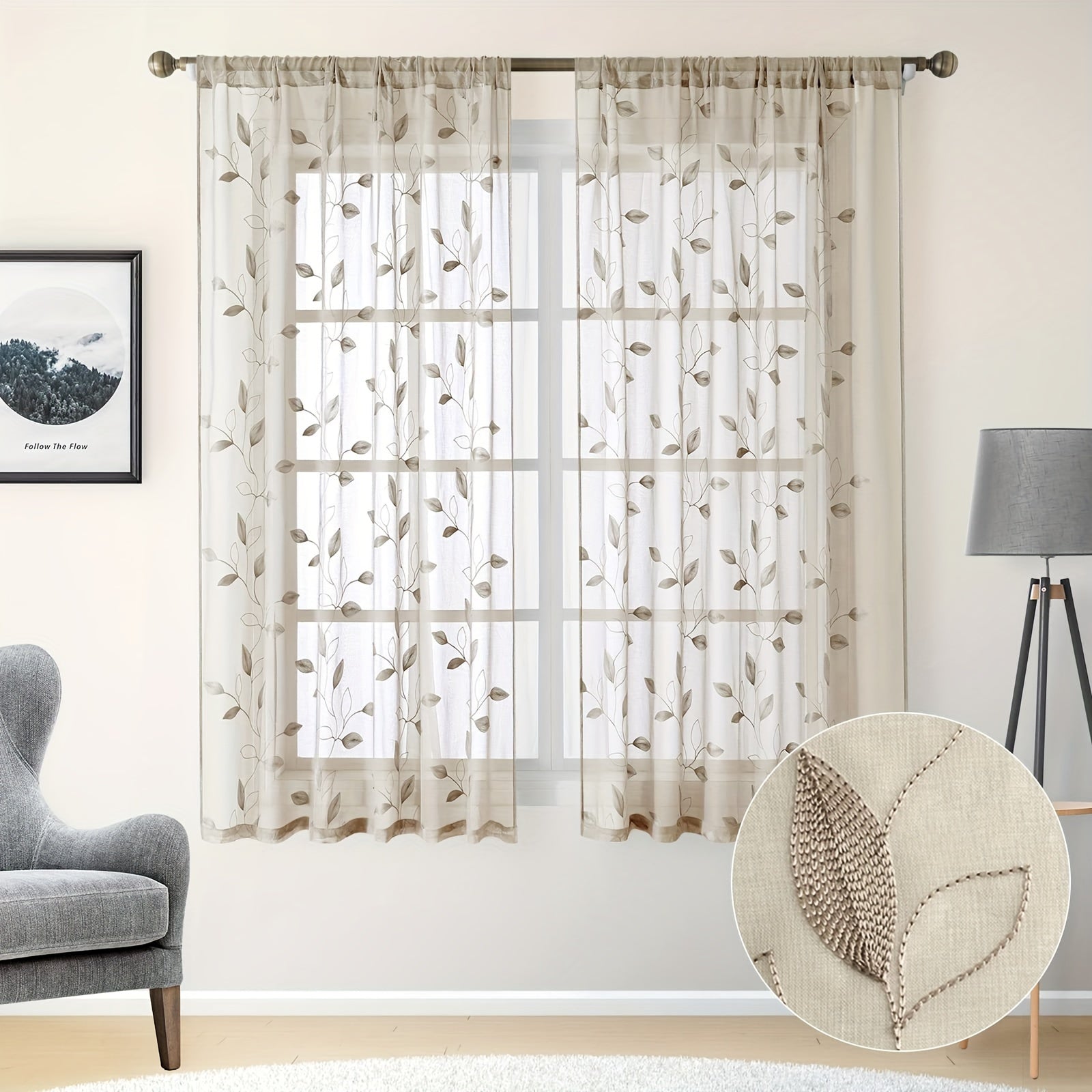 Rideaux voilage brodés motif feuilles style jardin pour salon et chambre (2 panneaux)