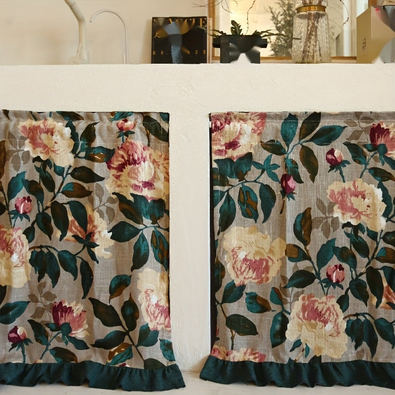 Rideau demi-fenêtre fleuri style campagne en polyester (1 panneau), hauteur moins de 160 cm Image