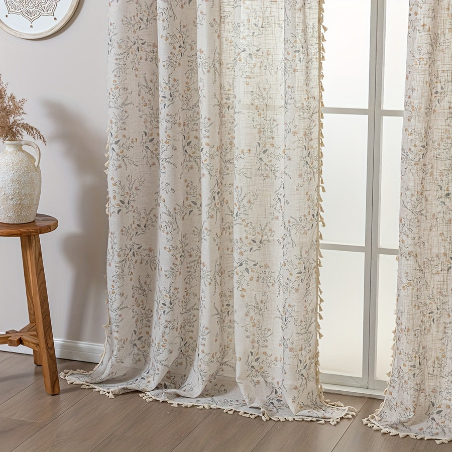 Rideau voilage fleuri style campagne chic avec pompons beige, hauteur 240 à 269 cm
