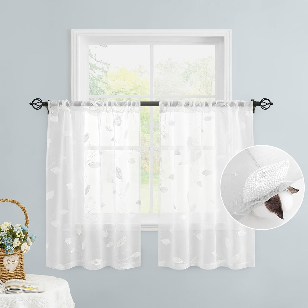 Rideaux voilage brodés motif feuilles style jardin, blanc