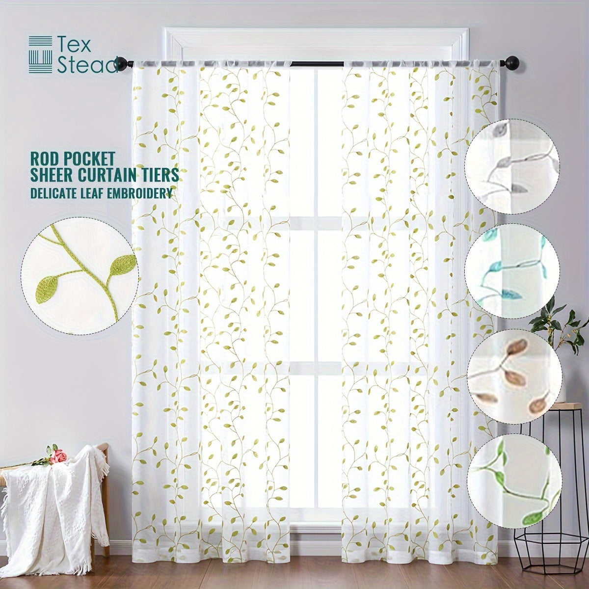 Rideau voilage brodé feuilles en polyester tamisant pour cuisine (1/2 panneaux)