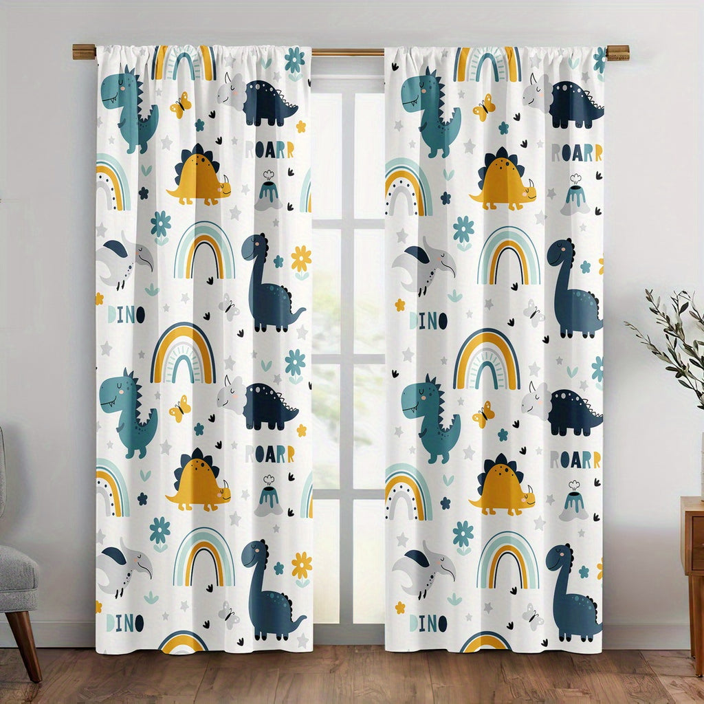 Rideau tamisant enfant à imprimé dinosaures en polyester (2 panneaux), hauteur 160 à 199 cm