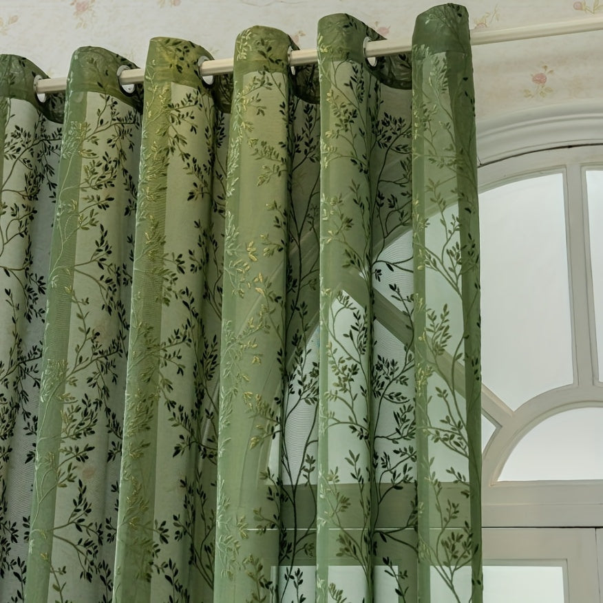Rideau voilage vert brodé feuillage à œillets pour salon et chambre