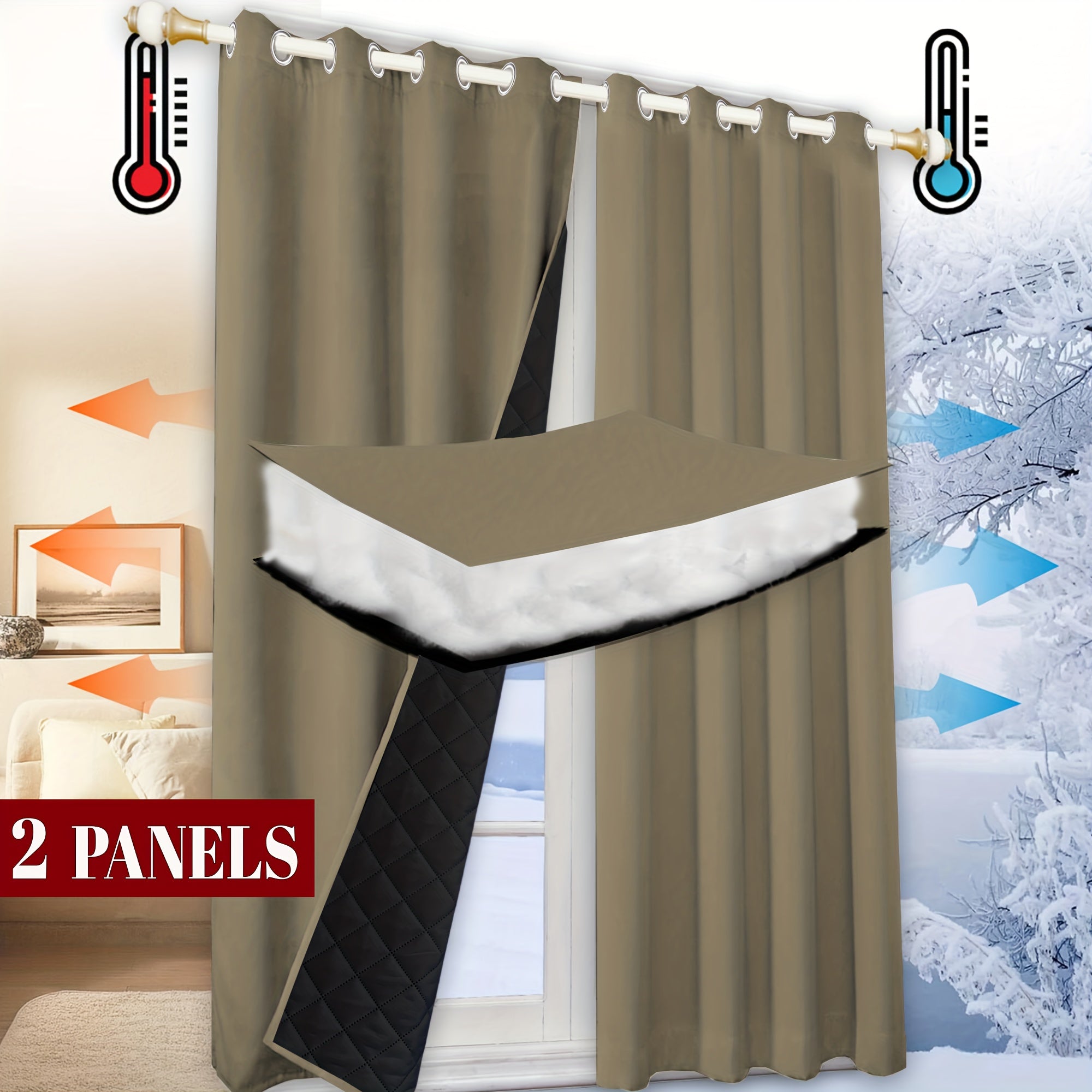 Rideau thermique matelassé isolant hiver occultant moderne (2 panneaux)