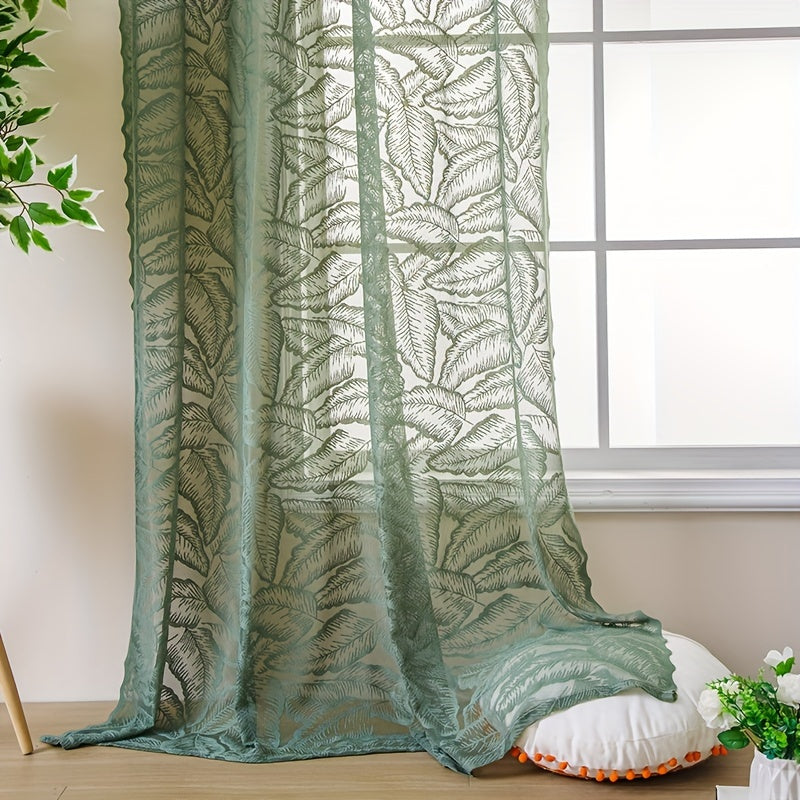 Rideau voilage vert à motifs feuilles ajouré avec œillets