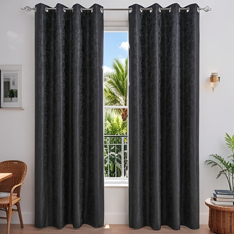 Rideau occultant jacquard floral épais avec œillets métalliques, noir