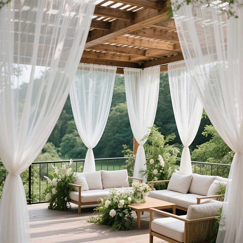 Rideau extérieur voilage blanc pour pergola et terrasse (2 panneaux), largeur 200 à 299 cm