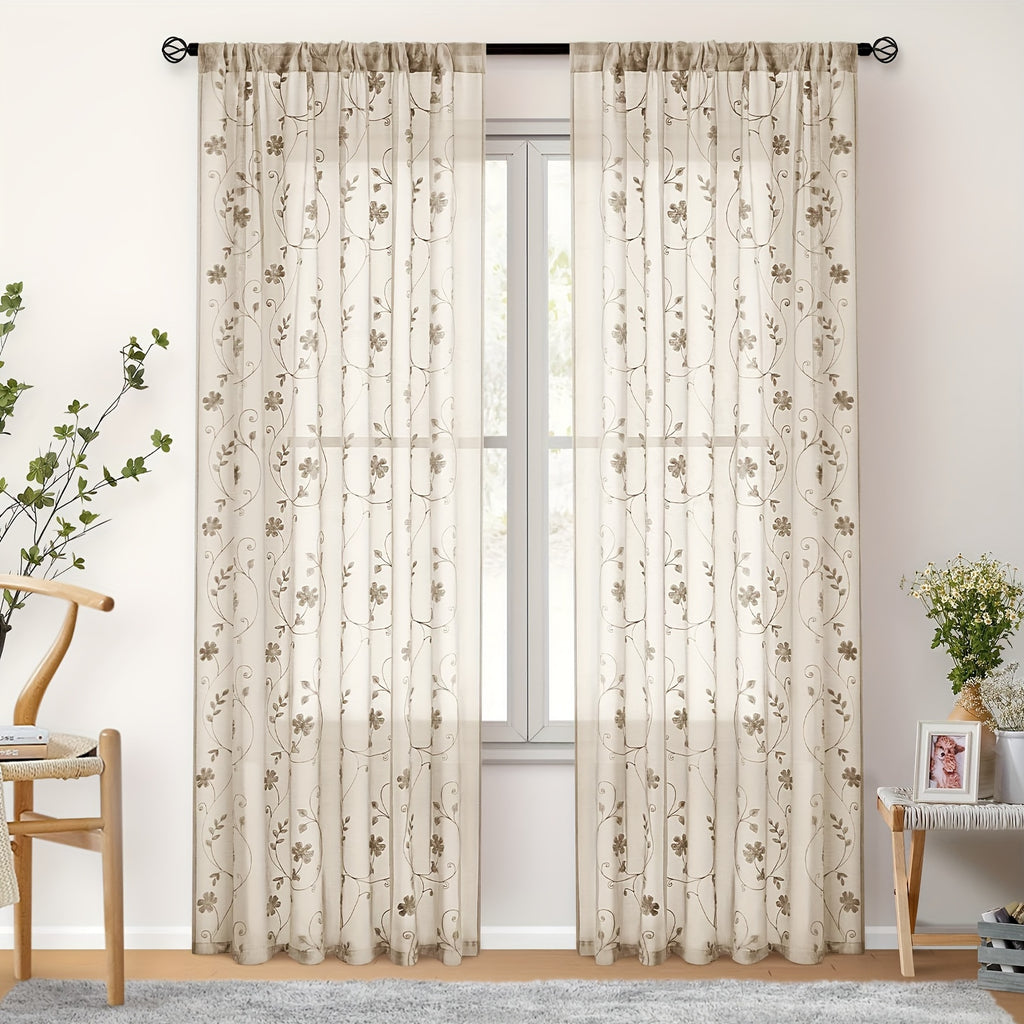Rideaux voilage brodés fleurs semi-transparents, taupe