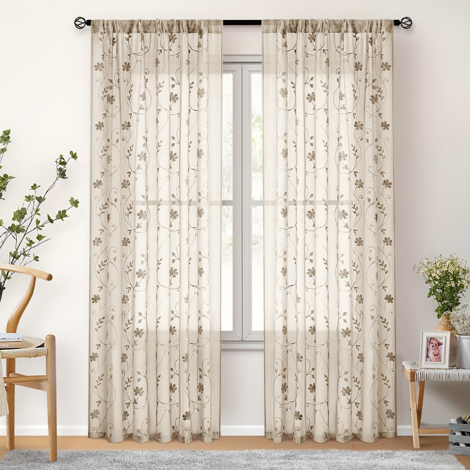Rideaux voilage brodés fleurs semi-transparents pour salon et chambre (2 panneaux)