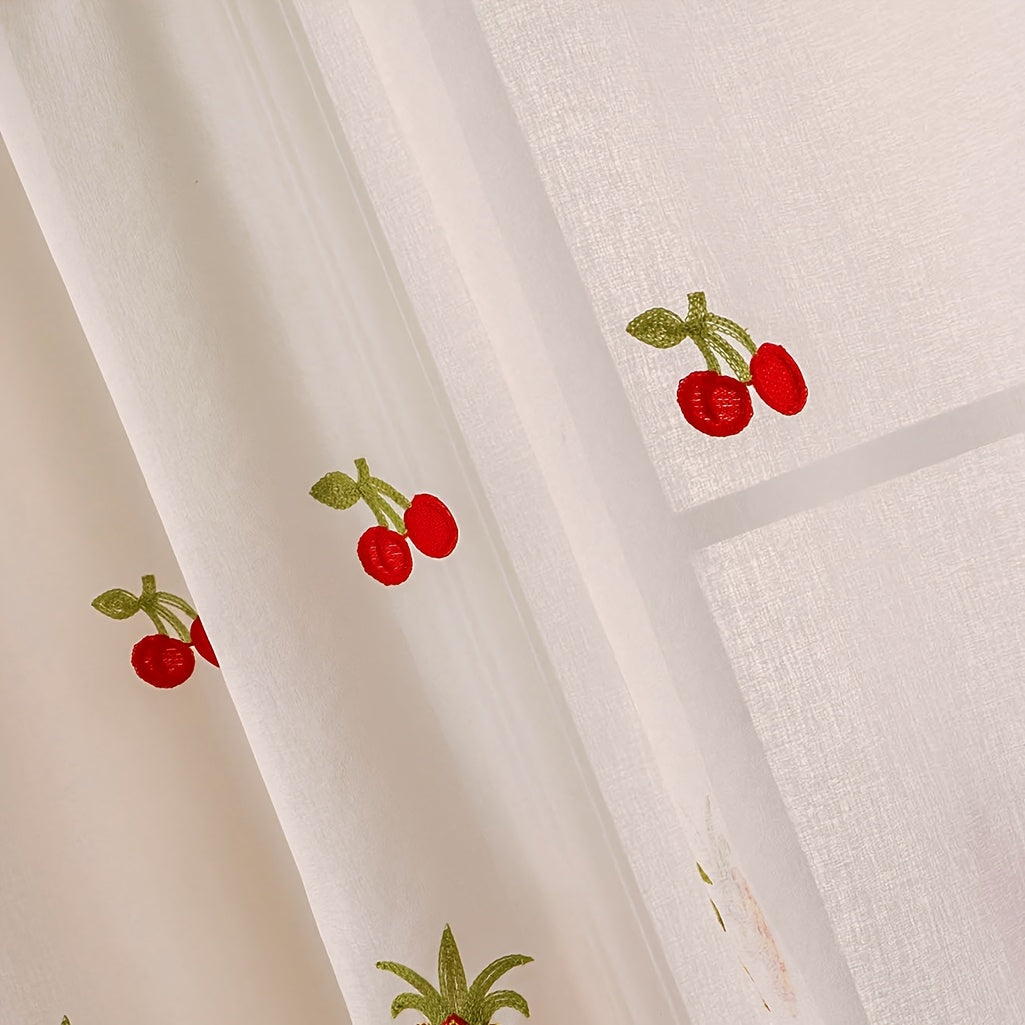 Rideaux cuisine brodés fruits double épaisseur en polyester (2 panneaux)