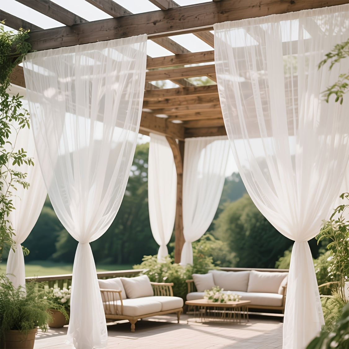 Rideau extérieur voilage blanc pour pergola et terrasse (2 panneaux), hauteur moins de 160 cm