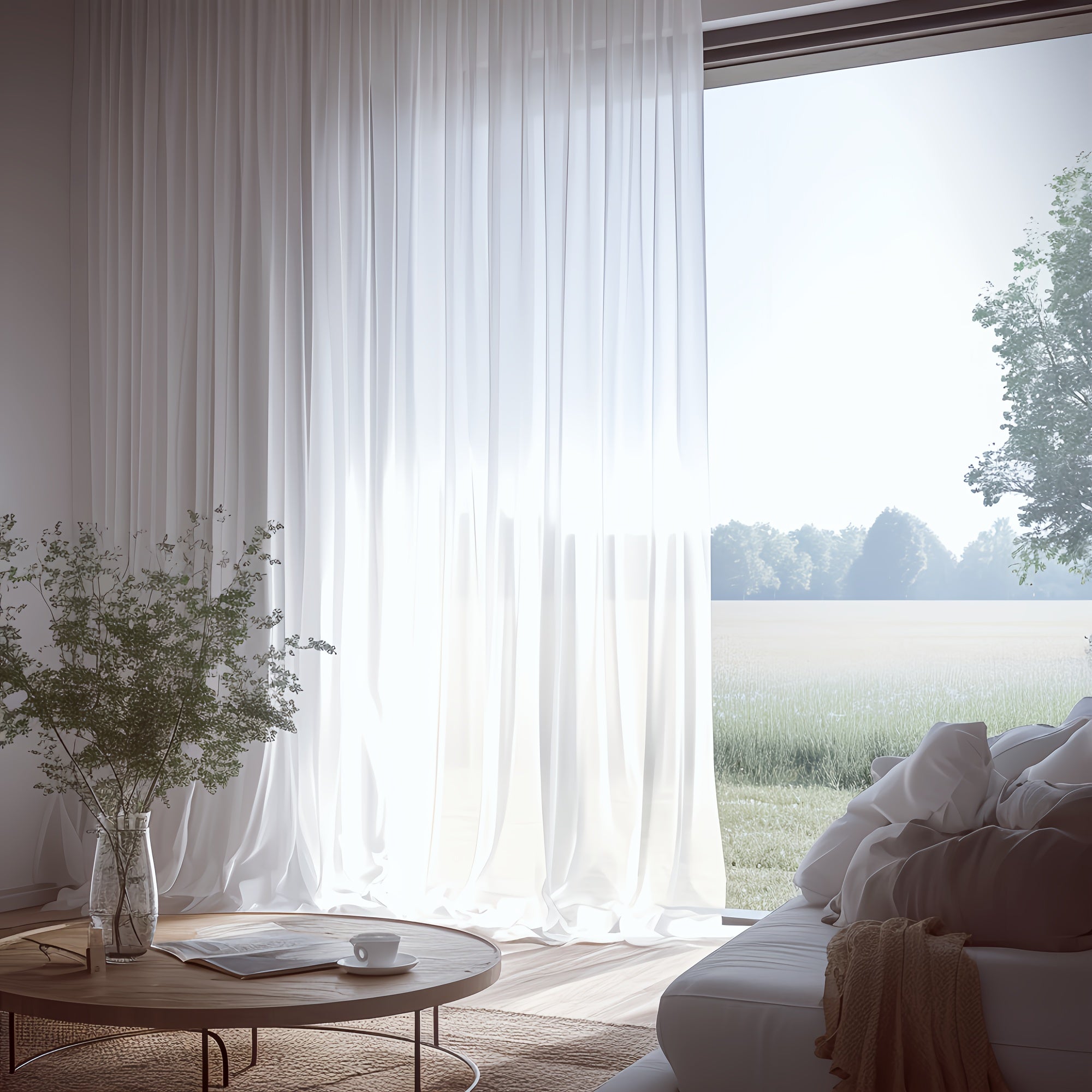 Rideau voilage grande largeur blanc semi-transparent pour baie vitrée