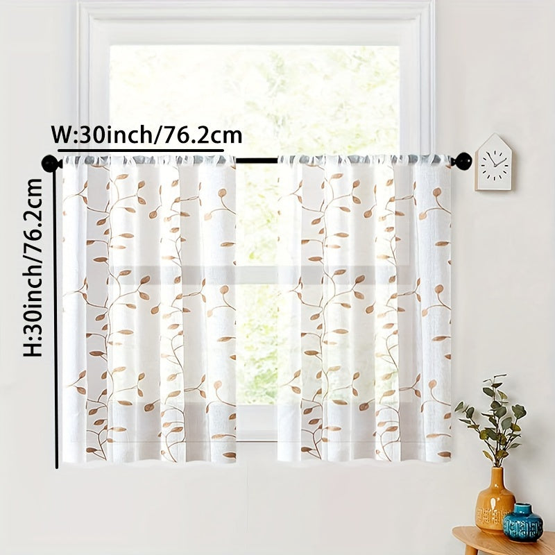 Rideau voilage brodé feuilles en polyester tamisant pour cuisine (1/2 panneaux)