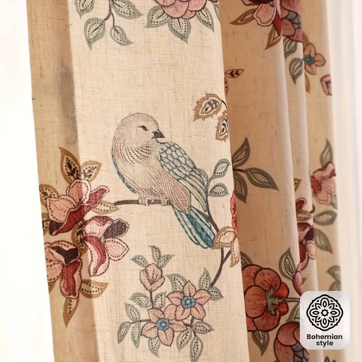Rideau bohème floral oiseaux style vintage en tissu imitation lin, largeur 140 à 199 cm