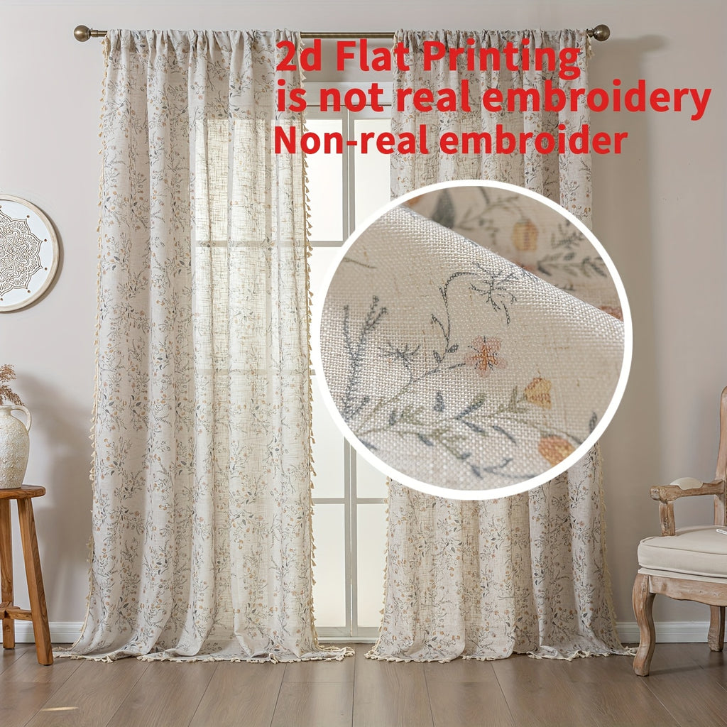 Rideau voilage fleuri style campagne chic avec pompons beige, hauteur 160 à 199 cm