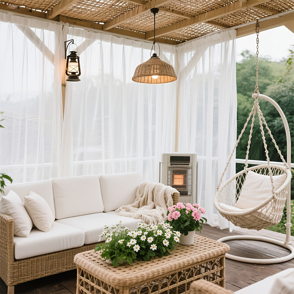 Rideau extérieur voilage blanc pour pergola et terrasse (2 panneaux), hauteur moins de 160 cm