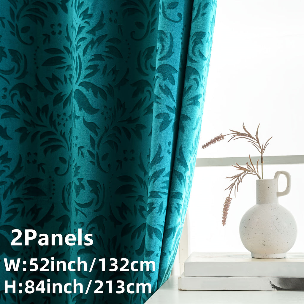Rideaux velours à motifs floraux européens vert émeraude (2 panneaux), bleu