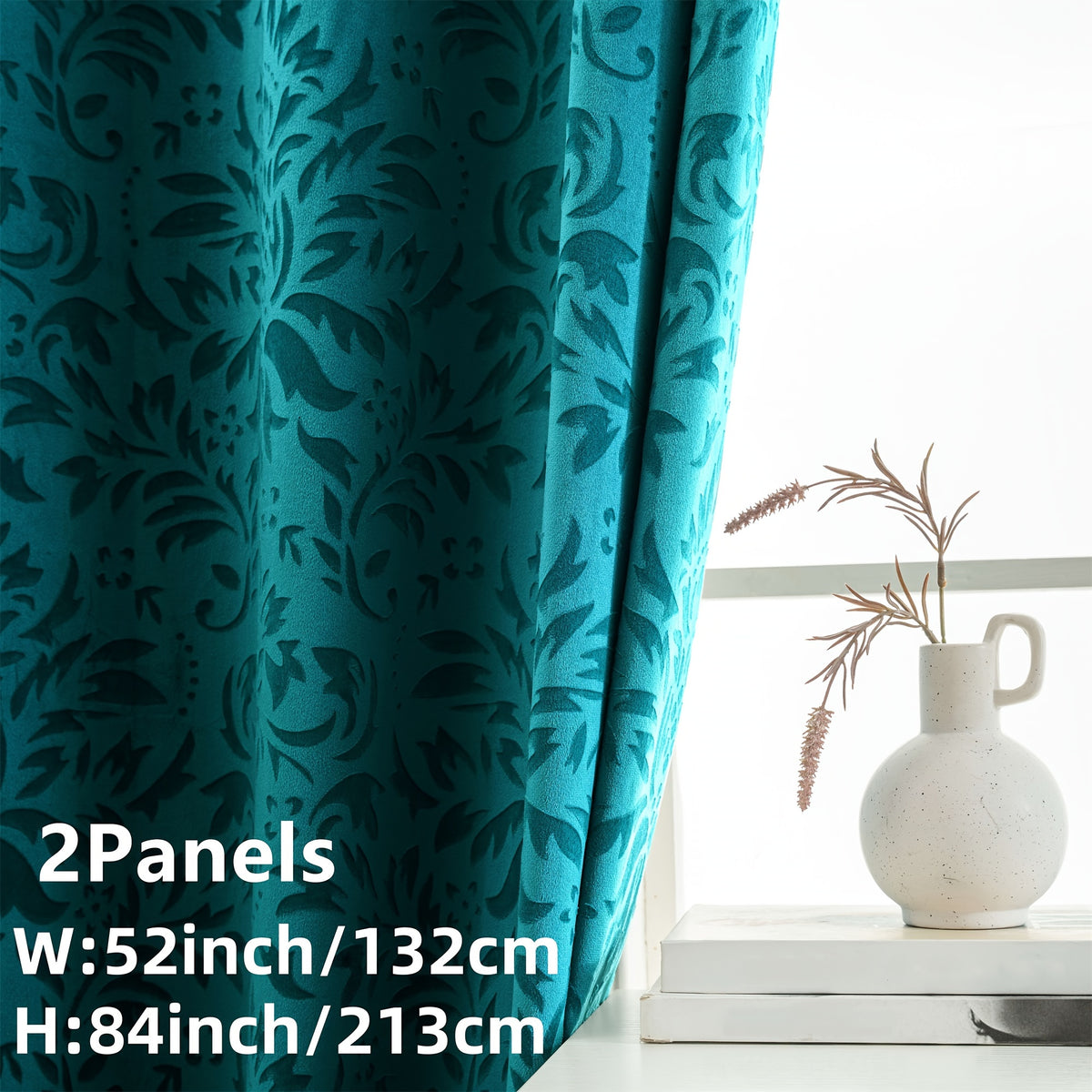 Rideaux velours à motifs floraux européens vert émeraude (2 panneaux), bleu