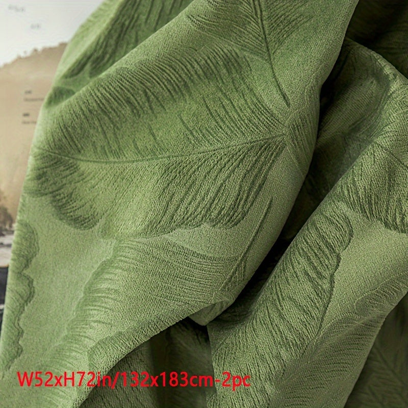 Rideaux occultants velours vert motif feuille pour salon (2 panneaux)