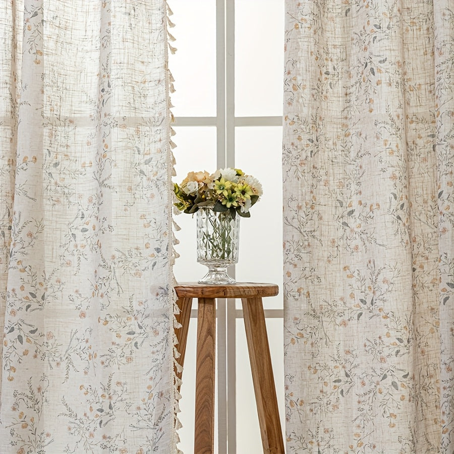 Rideau voilage fleuri style campagne chic avec pompons beige, hauteur 200 à 239 cm
