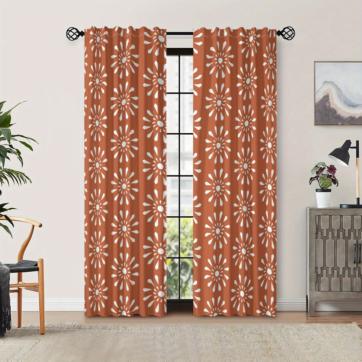 Rideaux occultants terracotta motif marocain en polyester (2 panneaux), largeur moins de 100 cm